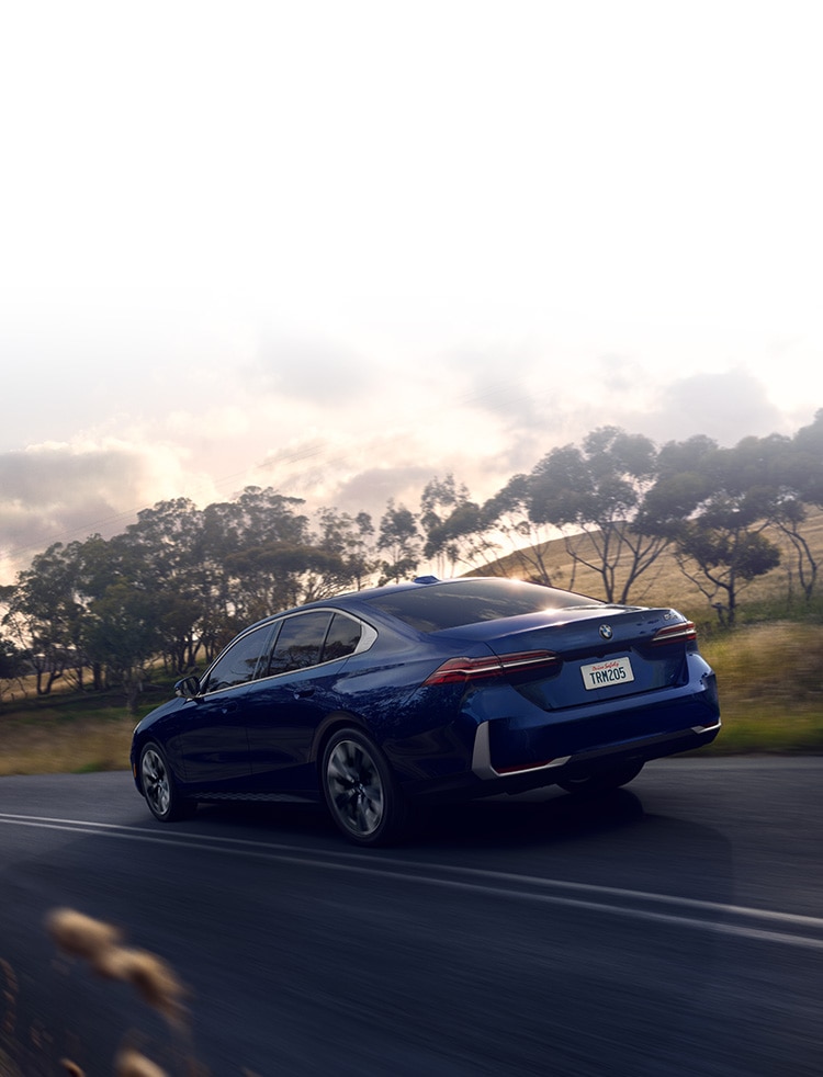 A BMW sedan drives past an idyllic forested meadow.