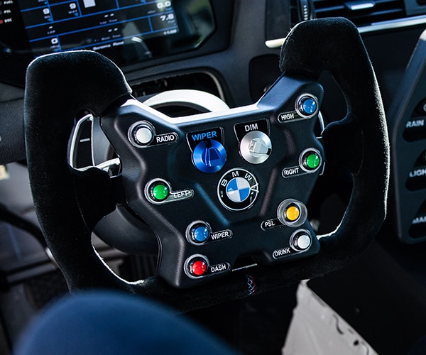 Detail of the BMW M2 CS Racing steering wheel