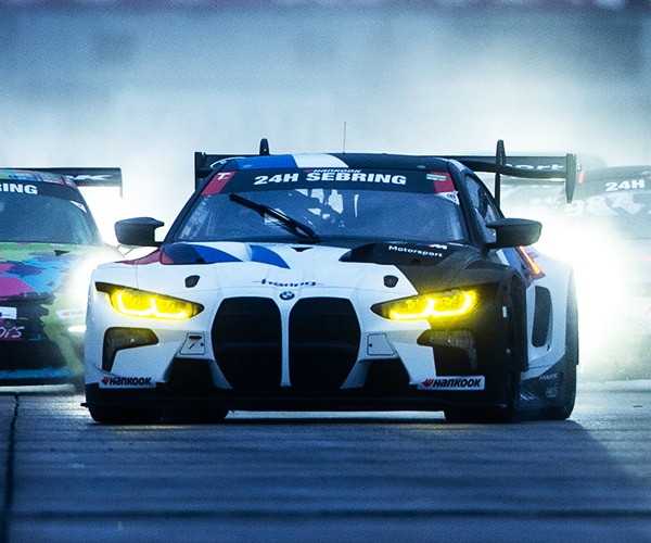 A BMW race car competes at the 24 Hours of Sebring event