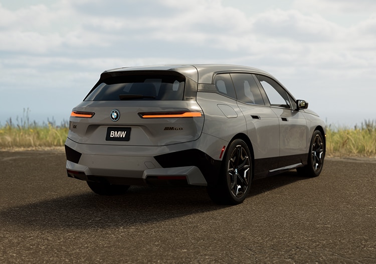 Rear three-quarters image of a 2025 BMW iX parked on a bluff.