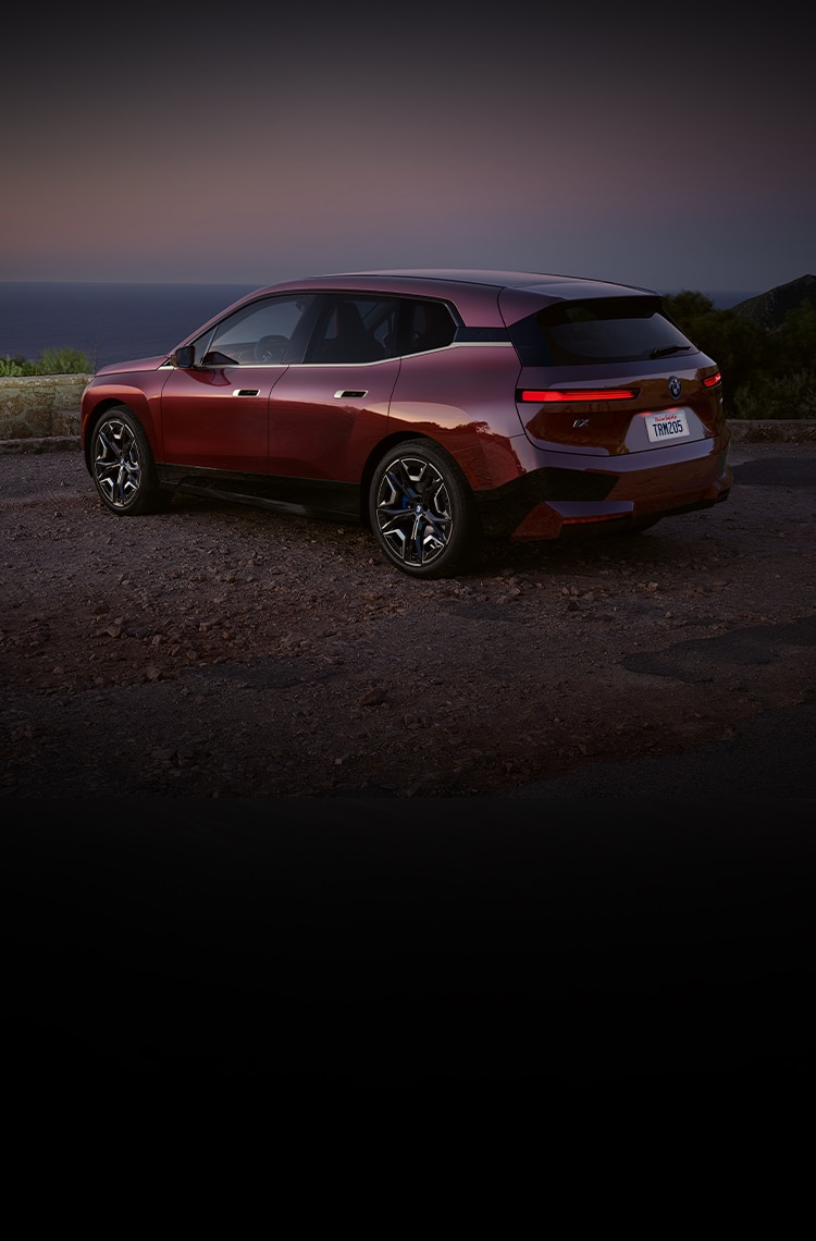 The BMW iX xDrive50 SUV overlooks a scenic outdoorsy view