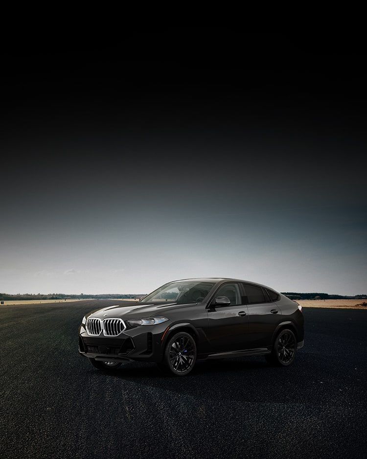 The side profile of the 2026 BMW X6 Coupe SUV parked in a barren rural landscape