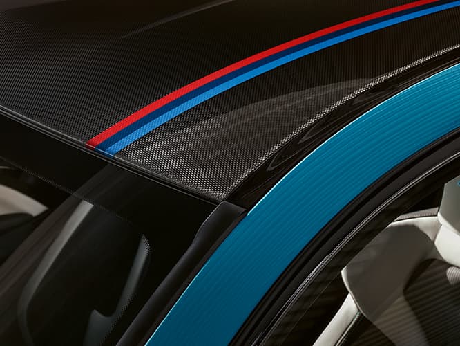 Detail of M stripes in the BMW M4 Edition M Heritage coupe roof