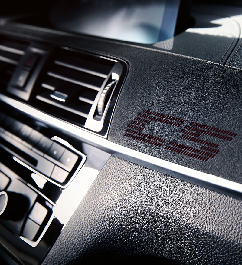 Detail of the interior trim in Alcantara with signature CS badging in the Limited Edition BMW M2 CS